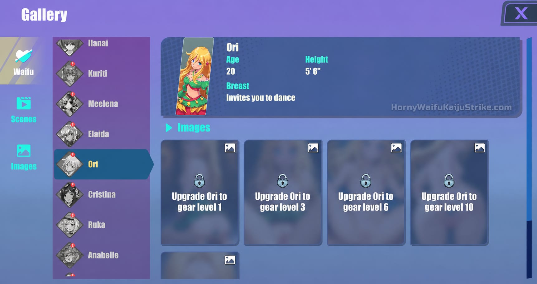 Gallery screen showing a heroine's profile and lockable image unlocks