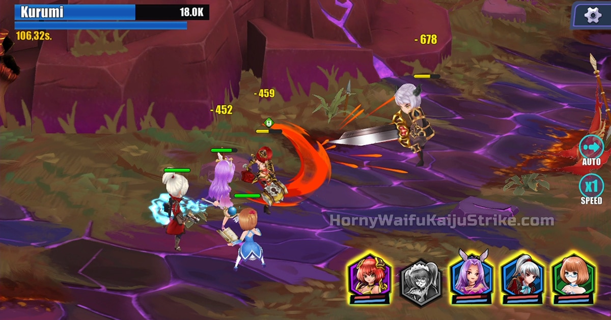 Guild Raid boss fight against Kurumi with a full five-heroine squad