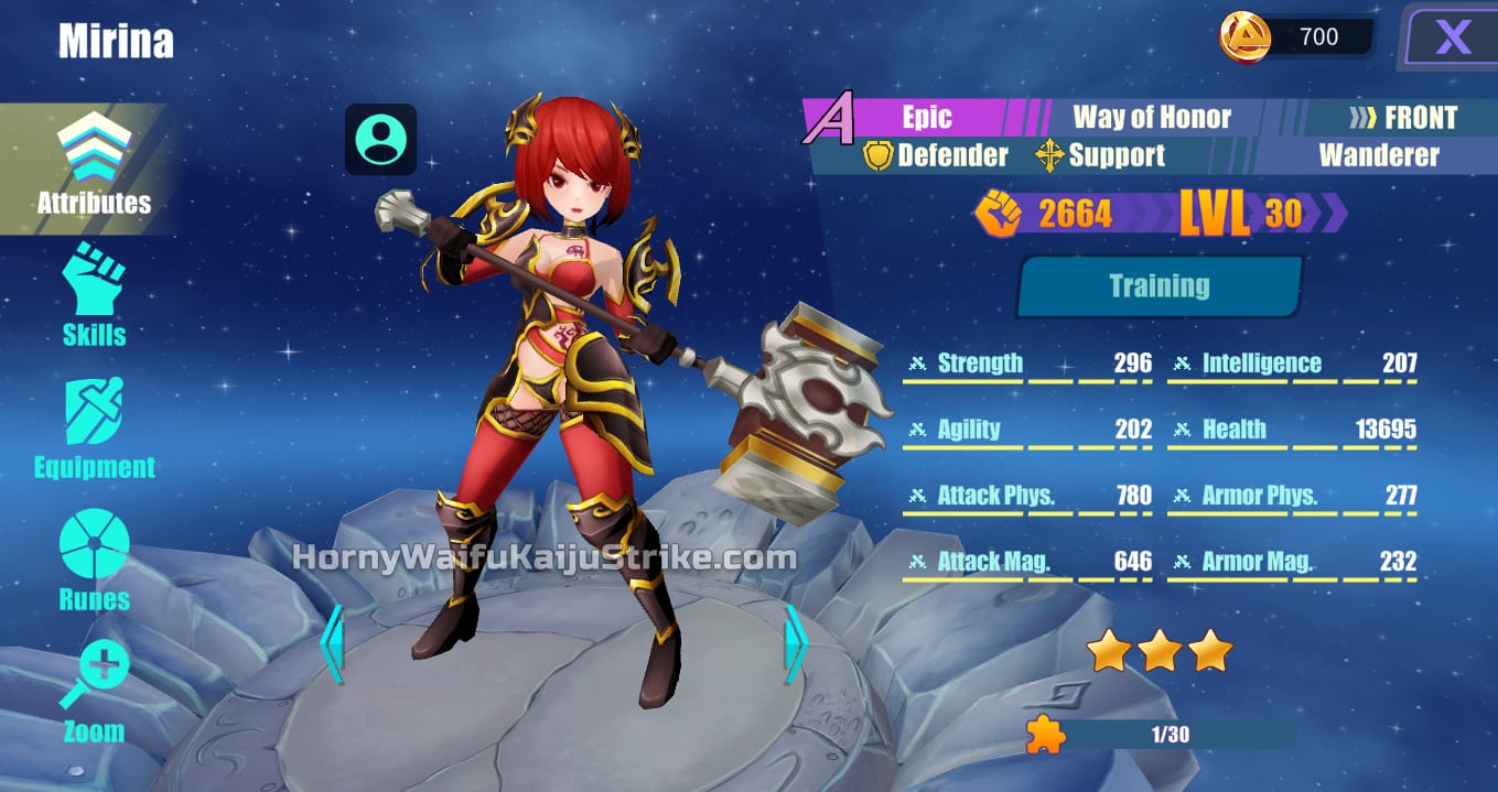 Mirina's hero profile with stats and training options